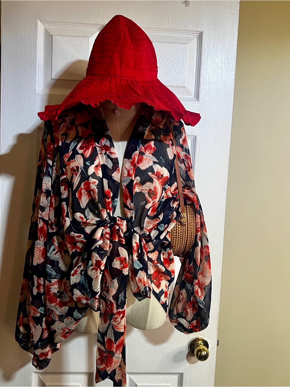 Vintage 90s Papillion Wms Red Ruffle Boho Cottagecore Retro Glam Sun Hat - Picture 3 of 9